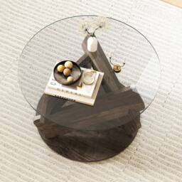 Gymax Glass Coffee Table Round Rustic Center Table for Small Space in Grey - thumbnail 6