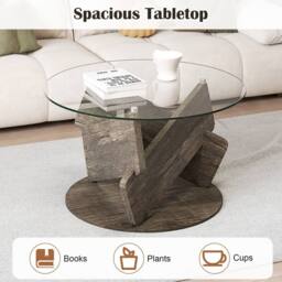 Gymax Glass Coffee Table Round Rustic Center Table for Small Space in Grey - thumbnail 8
