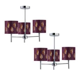 First Choice Lighting Set of 2 Brea - Chrome 3 Light Fittings with Burgundy Fern Shades in Silver - thumbnail 1