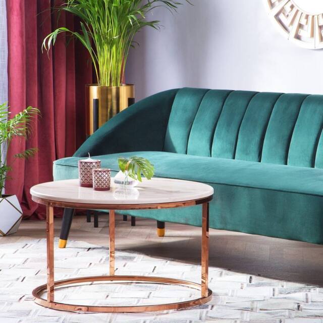 Wyld and Coco Round Coffee Table Beige Marble-Effect Top with Copper Legs Dia 70 cm in Rose Gold - image 1