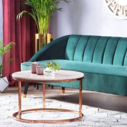 Wyld and Coco Round Coffee Table Beige Marble-Effect Top with Copper Legs Dia 70 cm in Rose Gold - thumbnail 1