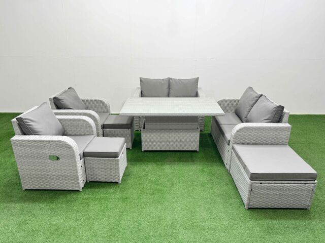 Fimous 9 Seater Outdoor Reclining Chair Love Sofa Set Rattan Garden Furniture Set with Adjustable Lifting Dining or Coffee Table 3 Stools Light Grey - image 1