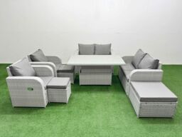 Fimous 9 Seater Outdoor Reclining Chair Love Sofa Set Rattan Garden Furniture Set with Adjustable Lifting Dining or Coffee Table 3 Stools Light Grey - thumbnail 1