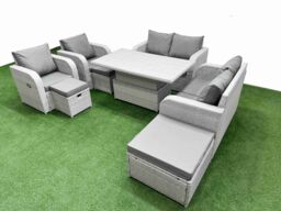 Fimous 9 Seater Outdoor Reclining Chair Love Sofa Set Rattan Garden Furniture Set with Adjustable Lifting Dining or Coffee Table 3 Stools Light Grey - thumbnail 2