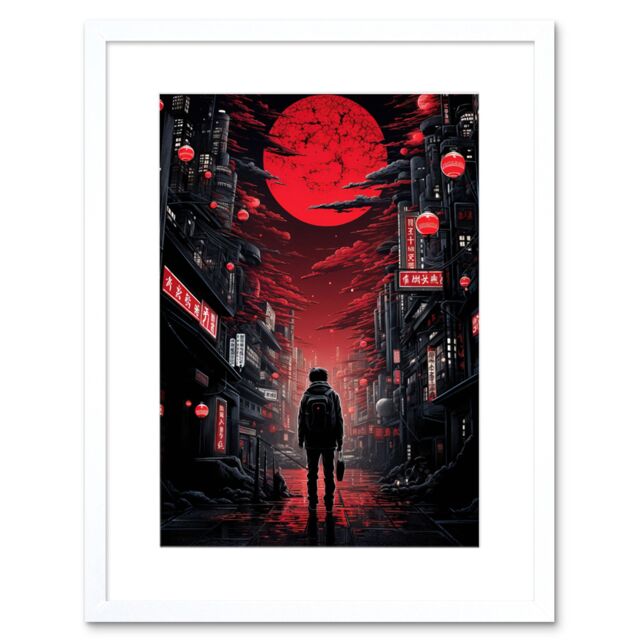 "Artery8 Wall Art Print Midnight Blood Moon in Tokyo Conceptual Artwork Gothic Street Japan Cityscape Artwork Framed 9X7 Inch - Size: W7"" x H9""" - image 1