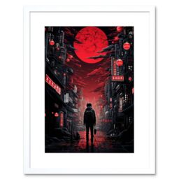 "Artery8 Wall Art Print Midnight Blood Moon in Tokyo Conceptual Artwork Gothic Street Japan Cityscape Artwork Framed 9X7 Inch - Size: W7"" x H9""" - thumbnail 1