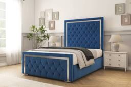 "Sloomy Sofia Chrome Plush Bed Frame With 50"" Upholstered Headboard in Navy - Size: Single" - thumbnail 1