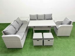 Fimous 9 Seater Poly Rattan Outdoor Garden Furniture Rectangular Dining Table Sofa Set Patio 3 Seater Sofa Reclining Chair 3 Seater Sofa Stools Side - thumbnail 2