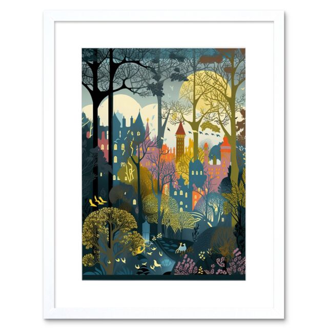 "Artery8 Wall Art Print Village Through Sherwood Forest Tree Landscape Artwork Framed 9X7 Inch in White - Size: W7"" x H9""" - image 1