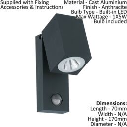 Loops 2 PACK IP44 Outdoor Wall Light & PIR Sensor Anthracite Aluminium 5W LED - thumbnail 2