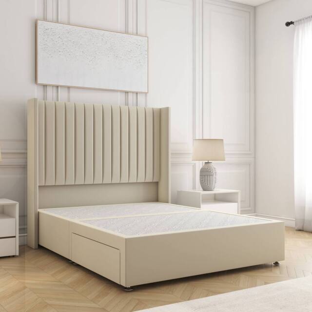 "BSSPOKE Manhattan Divan Bed Plush Velvet 54"" Headboard No Drawers No Mattress in Cream - Size: Double" - image 1
