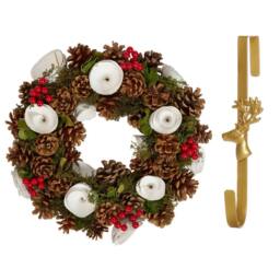 Dibor 36cm White Berries & Roses Christmas Wreath with Deer Wreath Hanger in Red - thumbnail 1