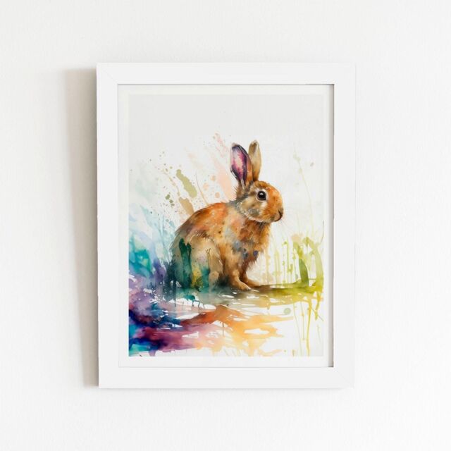 "Warren Reed - Designer Rabbit Splash Watercolour Framed Art Print in White - Size: W8"" x H10""" - image 1