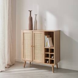 sweeek Sideboard With Bottle Holder Wickerwork & Wooden Decor in Light Brown - thumbnail 3