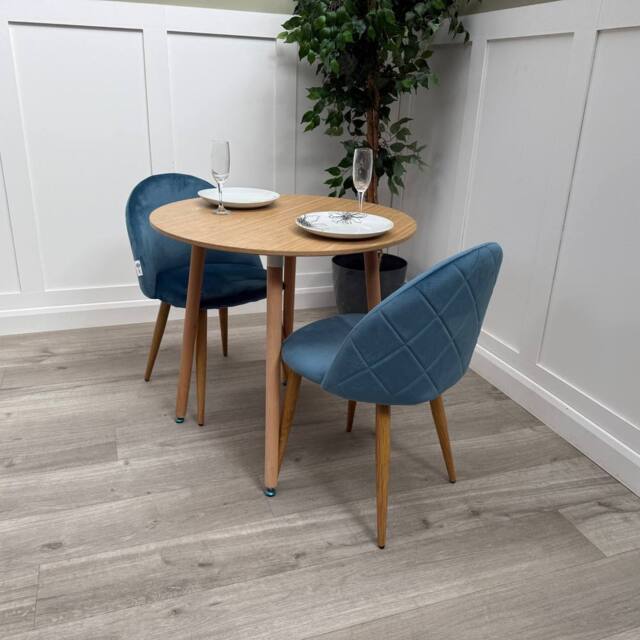 Life Interiors Lucia Dining Set Round Oak Table + 2 Velvet Dining Chairs in Blue
