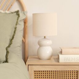 ValueLights Kendal Natural Linen Drum Shade Glazed Ceramic Table Lamp in Off-White - thumbnail 3