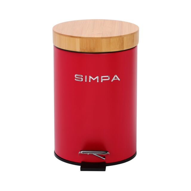 simpa 3L Soft-Closing Pedal Dustbin with Bamboo Lid in Red - image 1
