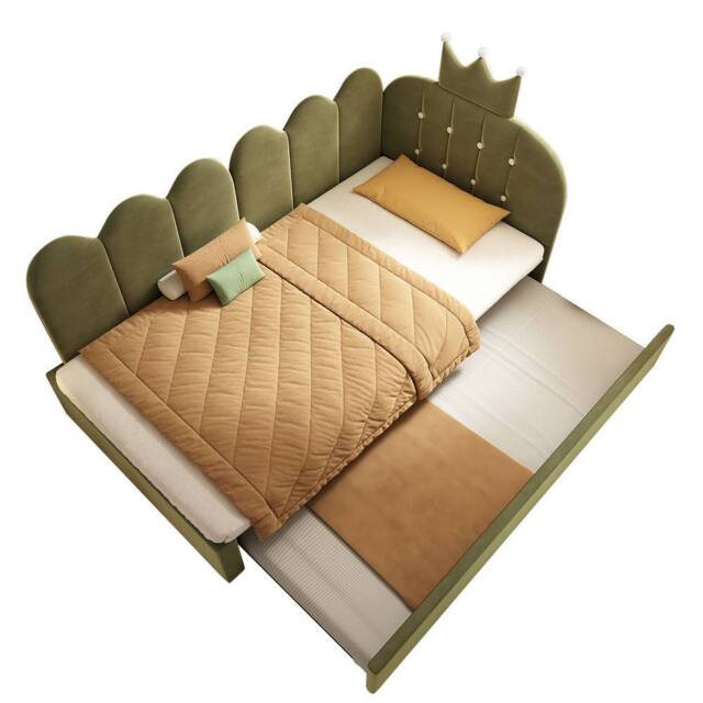 BES HOME Crown Upholstered Daybed with Pull-Out Trundle - 3ft Single, Velvet in Green - Size: Single - image 1