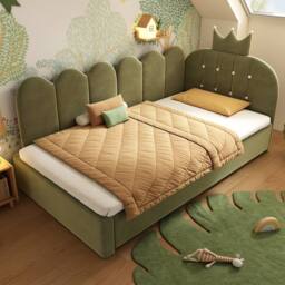 BES HOME Crown Upholstered Daybed with Pull-Out Trundle - 3ft Single, Velvet in Green - Size: Single - thumbnail 3