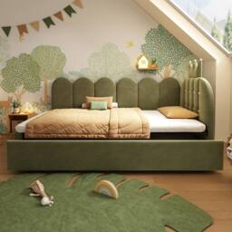 BES HOME Crown Upholstered Daybed with Pull-Out Trundle - 3ft Single, Velvet in Green - Size: Single - thumbnail 4