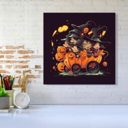 Warren Reed - Designer Cartoon Illustrations A Magical Pumpkin Carriage With Canvas in Orange - Size: w10 inch x h10 inch - thumbnail 2