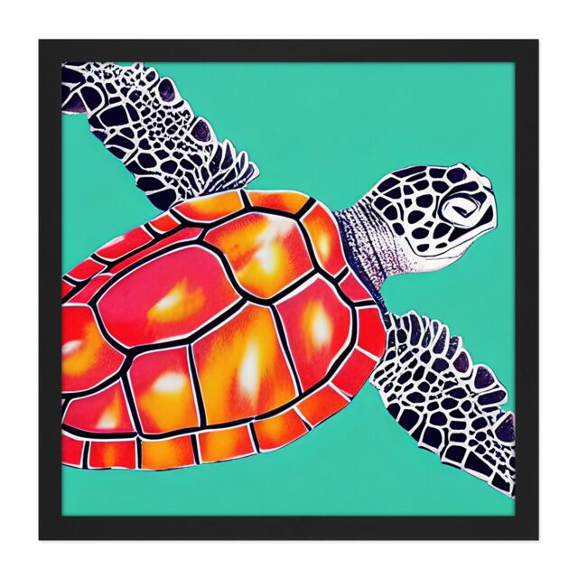 "Artery8 Wall Art Print Ocean Loggerhead Turtle Red Shell Watercolour Ink Square Framed Picture 16X16 Inch in Black - Size: W16"" x H16""" - image 1