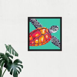 "Artery8 Wall Art Print Ocean Loggerhead Turtle Red Shell Watercolour Ink Square Framed Picture 16X16 Inch in Black - Size: W16"" x H16""" - thumbnail 2