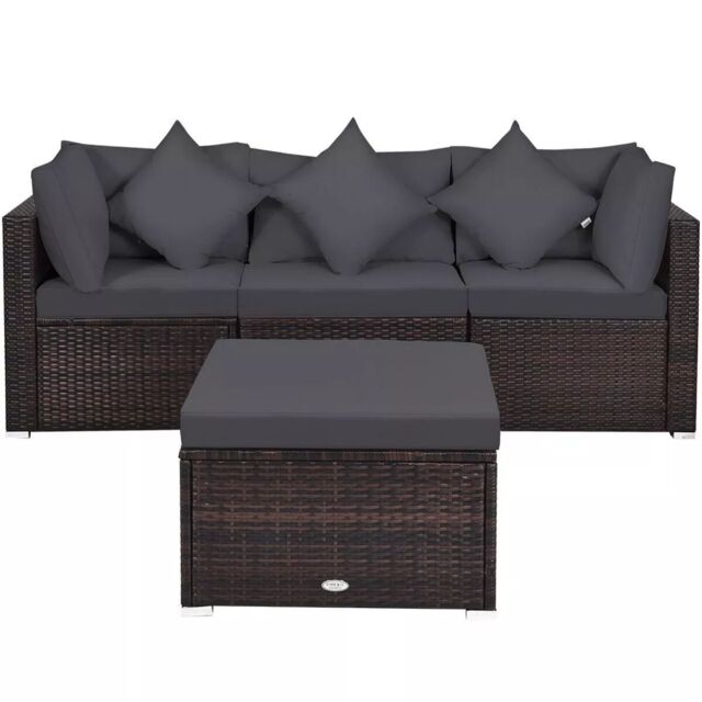 Costway 4-Piece Patio Furniture Set Outdoor Rattan Wicker Sofa & Ottoman Set in Grey
