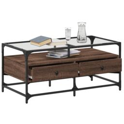 Berkfield Home Coffee Table with Glass Top Brown Oak 98.5x50x45 cm Steel - thumbnail 3