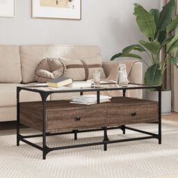 Berkfield Home Coffee Table with Glass Top Brown Oak 98.5x50x45 cm Steel