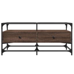Berkfield Home Coffee Table with Glass Top Brown Oak 98.5x50x45 cm Steel - thumbnail 4
