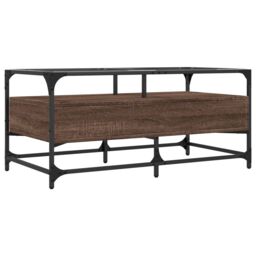 Berkfield Home Coffee Table with Glass Top Brown Oak 98.5x50x45 cm Steel - thumbnail 6