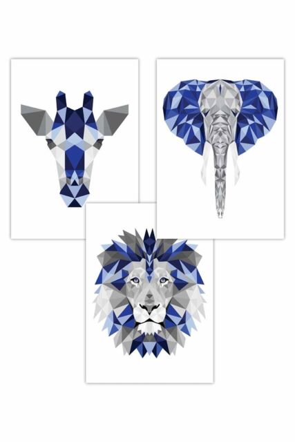ARTZE Set of 3 Geometric Navy Blue Grey Jungle Animal Heads Art Posters - Size: W50 cm x H70 cm - image 1