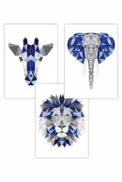 ARTZE Set of 3 Geometric Navy Blue Grey Jungle Animal Heads Art Posters - Size: W50 cm x H70 cm - thumbnail 1