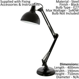 Loops Table Desk Lamp Black Flexible In Line Switch In Ine Switch Bulb E27 1x40W - thumbnail 2