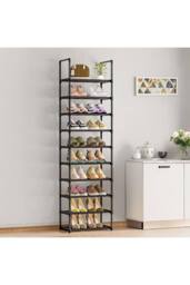 H&O Direct 10 Tier Metal Sturdy Shoe Rack Narrow Tall Shelf Organizer in Black