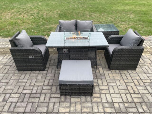 Fimous Rattan Outdoor Garden Furniture Set Gas Fire Pit Dining Table with Side Table Chair Loveseat Sofa Footstool in Dark Grey - image 1