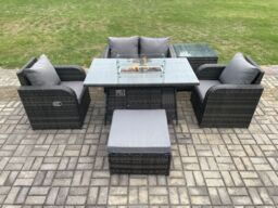 Fimous Rattan Outdoor Garden Furniture Set Gas Fire Pit Dining Table with Side Table Chair Loveseat Sofa Footstool in Dark Grey - thumbnail 1
