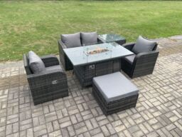 Fimous Rattan Outdoor Garden Furniture Set Gas Fire Pit Dining Table with Side Table Chair Loveseat Sofa Footstool in Dark Grey - thumbnail 2