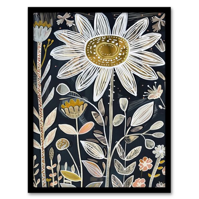 Artery8 Single Daisy Flower Artwork Dark Floral Folk Art Framed Art Print in Black - Size: A4 - image 1