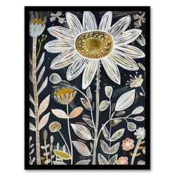 Artery8 Single Daisy Flower Artwork Dark Floral Folk Art Framed Art Print in Black - Size: A4 - thumbnail 1