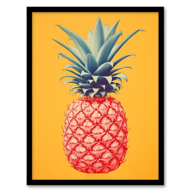 Artery8 Wall Art Print Pineapple Bold Vibrant Rich Red & Blue On Yellow Screen Risograph Artwork Spot Block Colour Retro Riso Kitchen Interior Design - image 1