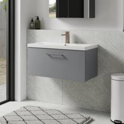 Balterley 800mm Wall Hung 1 Drawer Vanity Basin Unit, Satin Grey, Pewter Handle in Grey - thumbnail 4
