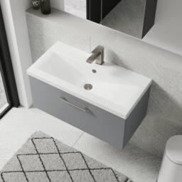 Balterley 800mm Wall Hung 1 Drawer Vanity Basin Unit, Satin Grey, Pewter Handle in Grey - thumbnail 3