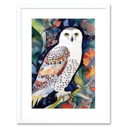 "Artery8 Wall Art Print Snowy Owl On Blooming Tree Folk Artwork Framed 9X7 Inch in White - Size: W7"" x H9""" - thumbnail 1