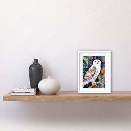 "Artery8 Wall Art Print Snowy Owl On Blooming Tree Folk Artwork Framed 9X7 Inch in White - Size: W7"" x H9""" - thumbnail 2