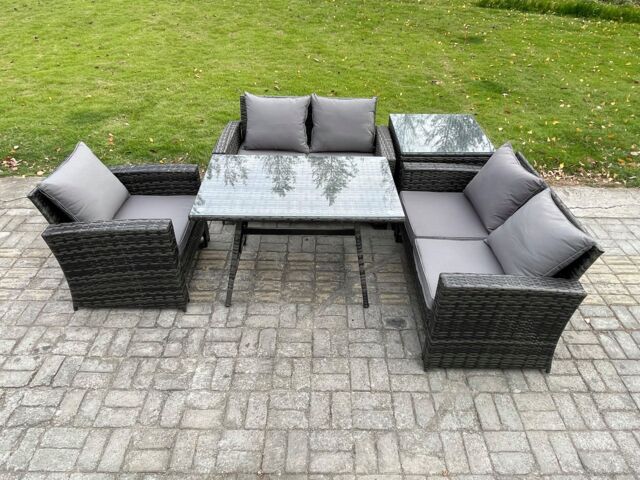Fimous Wicker PE Rattan Garden Dining Set Outdoor Furniture Sofa with Rectangular Dining Table Love Seat Sofa Side Table in Dark Grey