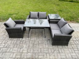 Fimous Wicker PE Rattan Garden Dining Set Outdoor Furniture Sofa with Rectangular Dining Table Love Seat Sofa Side Table in Dark Grey - thumbnail 1