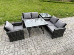 Fimous Wicker PE Rattan Garden Dining Set Outdoor Furniture Sofa with Rectangular Dining Table Love Seat Sofa Side Table in Dark Grey - thumbnail 2