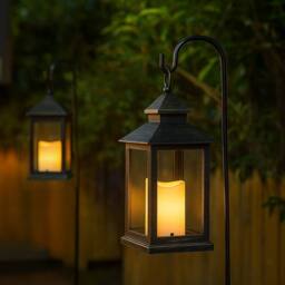 Bright Zeal 2*Distressed Gold Vintage 36cm Lanterns-LED Flicker Candles & Timer in Black - thumbnail 3